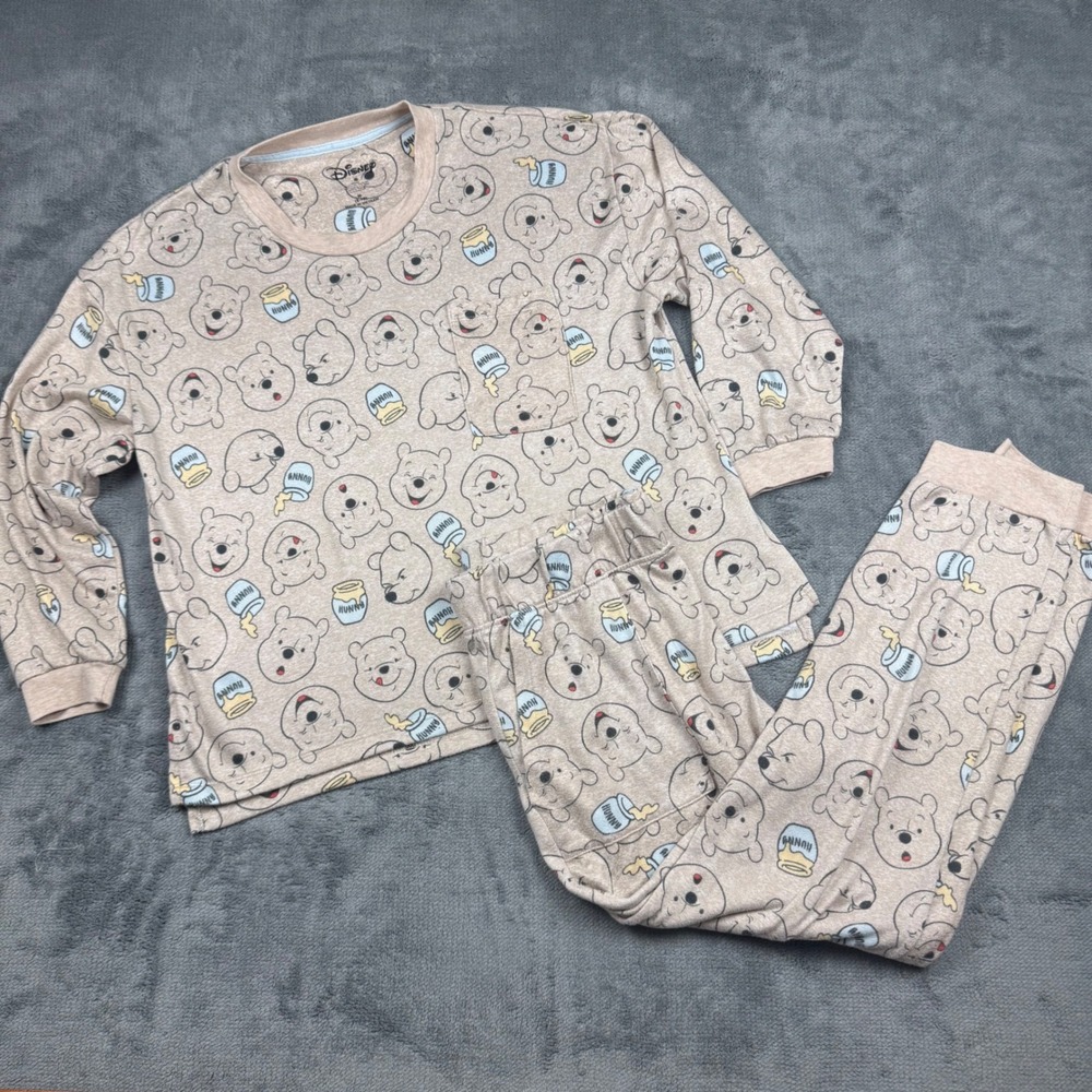 Disney Winnie the Pooh Pajama Set Medium 8-10 Tan All Over Print Loungewear PJs